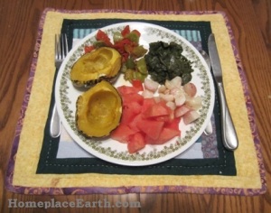 Dinner for Day 1-acorn squash, sauteed peppers and green tomatoes, kale, roasted radishes, watermelon.